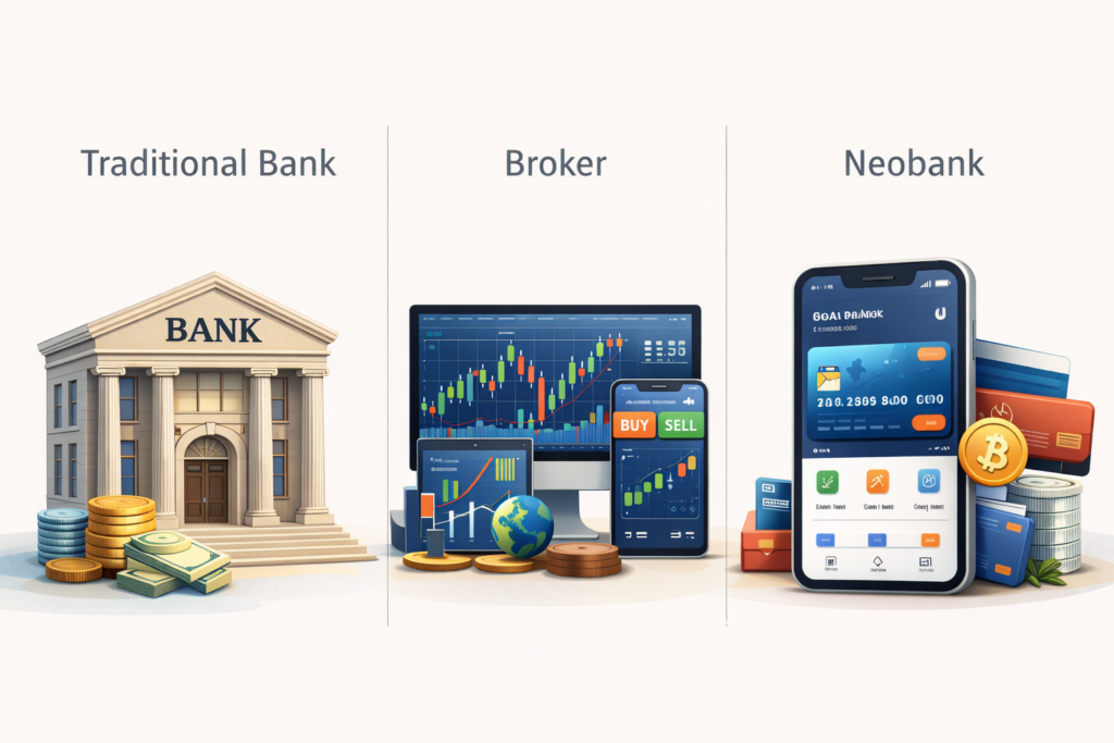 Comparison between traditional banks, brokers and neobanks