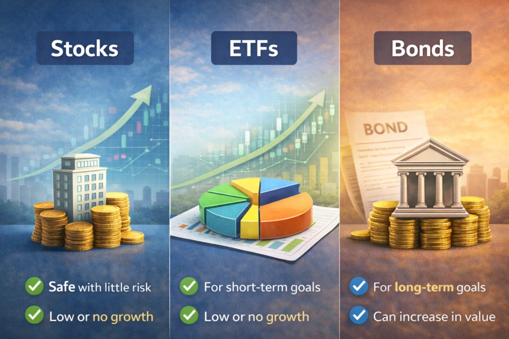 Common investment assets for beginners including stocks, ETFs, and bonds